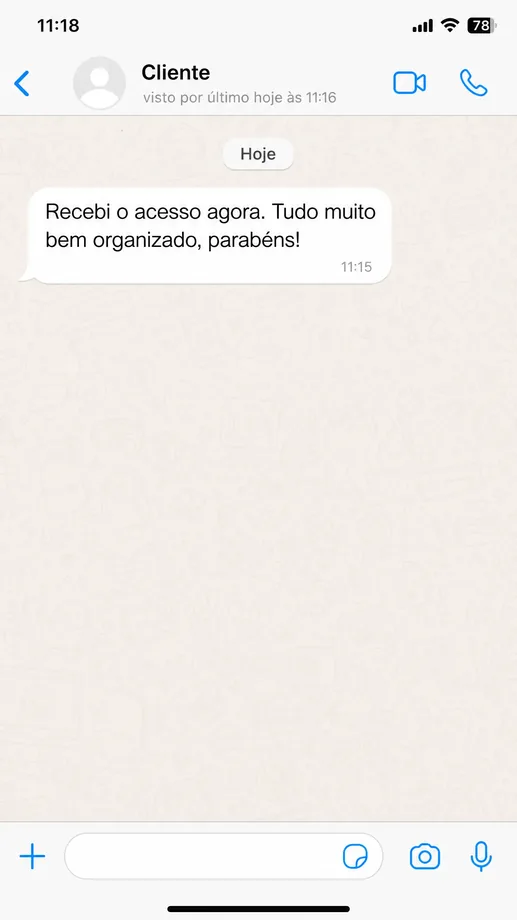 Print de depoimento real de cliente no WhatsApp