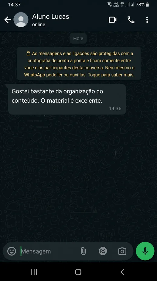 Print de depoimento real de cliente no WhatsApp