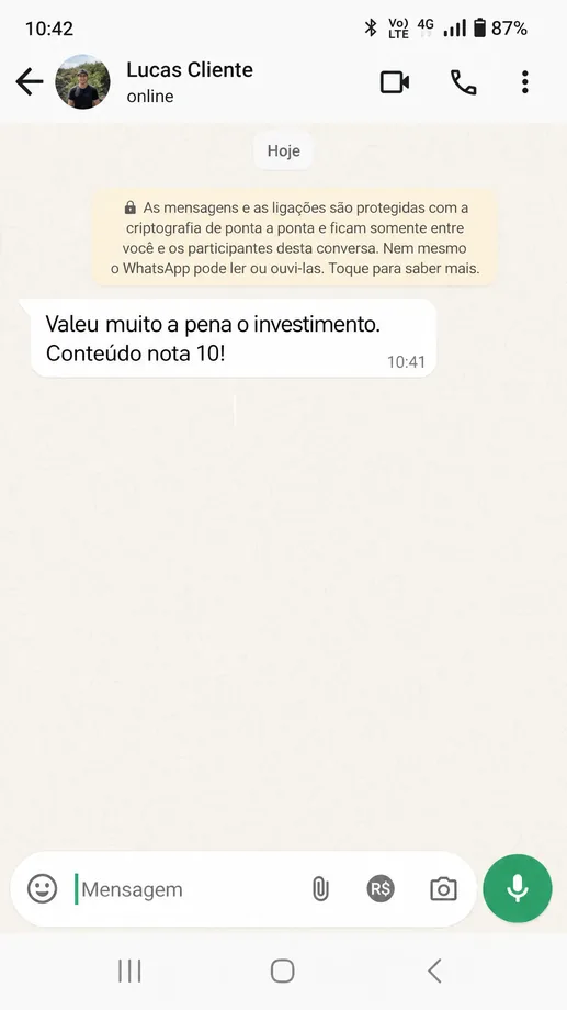 Print de depoimento real de cliente no WhatsApp
